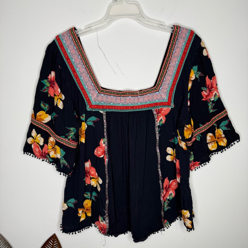 H16 Anthropologie Dakota Floral Embroidered Boho Square Neck Pom Pom Trim Navy L - Picture 7 of 7